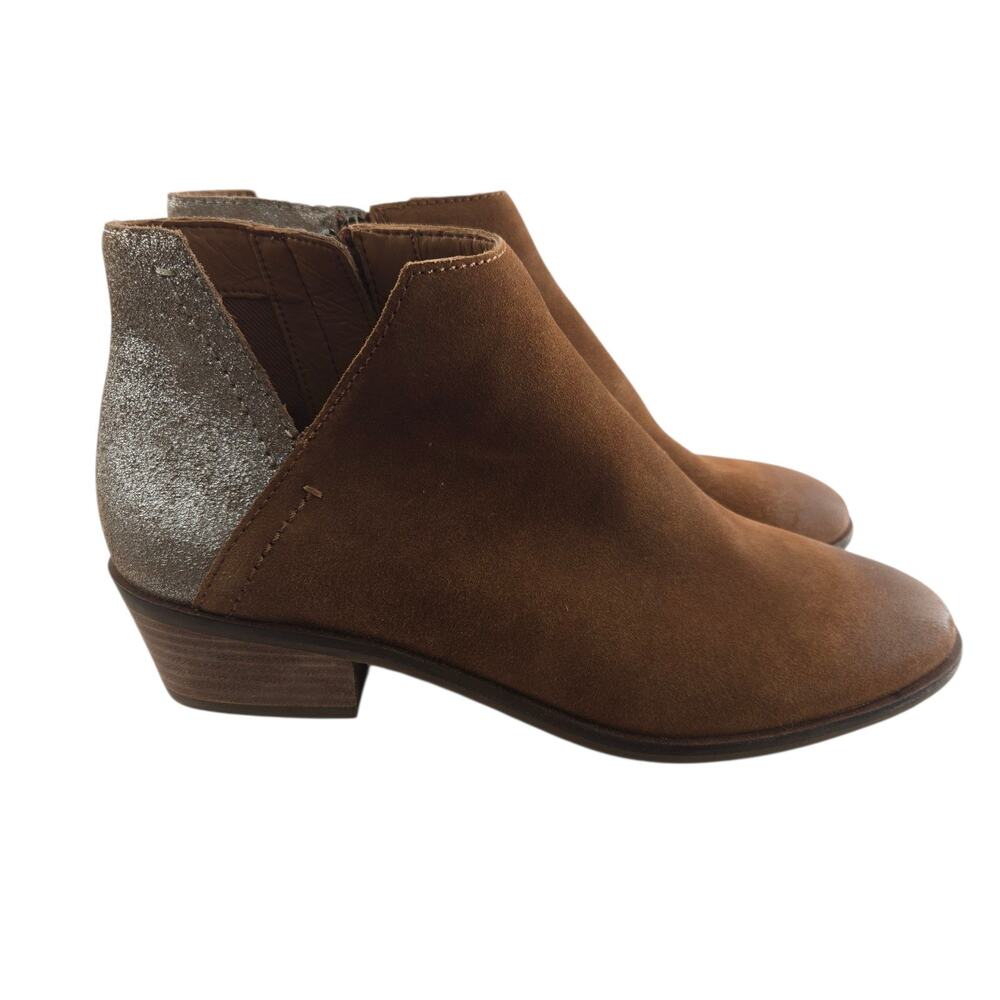 Frye Caden Ankle Boots Womens 9.5‎ M Cognac Brown Suede Metallic Beige Low Heel